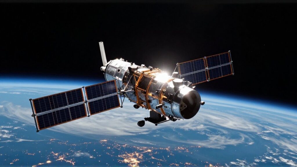 Satélite de telecomunicaciones de alta tecnología orbitando sobre una Tierra iluminada por luces urbanas.