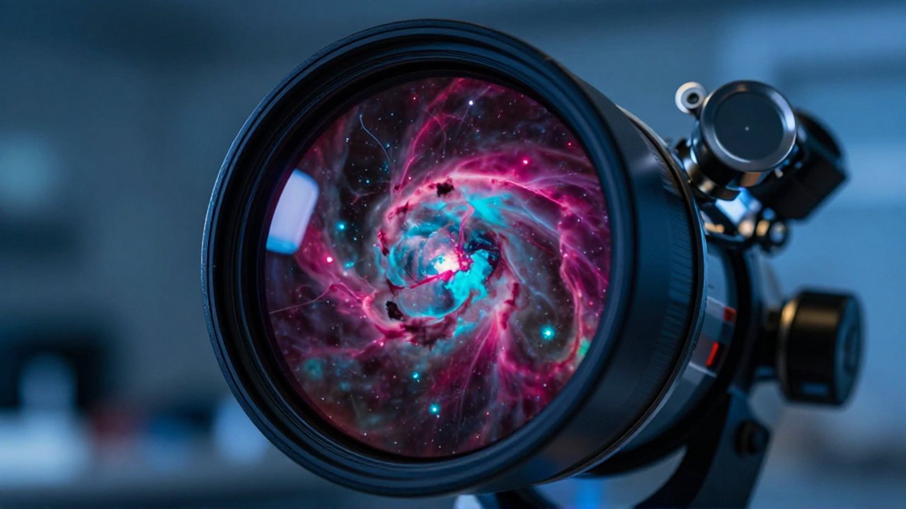 Primer plano de una lente de telescopio profesional reflejando una nebulosa magenta y cian.