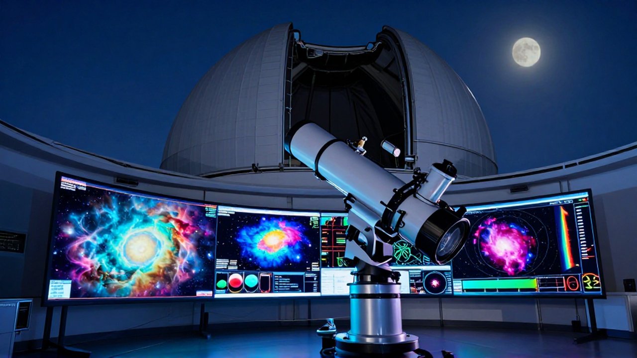 Interior de un observatorio moderno con un gran telescopio y pantallas mostrando nebulosas coloridas.