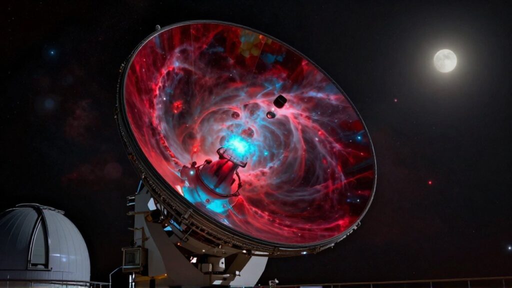 Lente de un telescopio profesional reflejando los colores de una nebulosa entre nubes de gas cósmico.