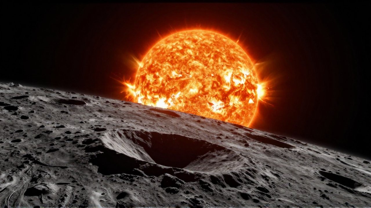 Primer plano de Mercurio con su superficie craterizada orbitando cerca de un sol resplandeciente.