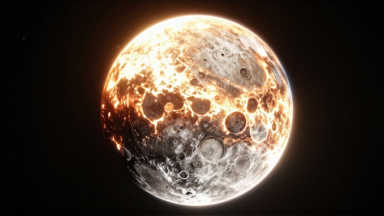 El planeta Mercurio en el espacio con una cara en llamas y la otra en sombras.