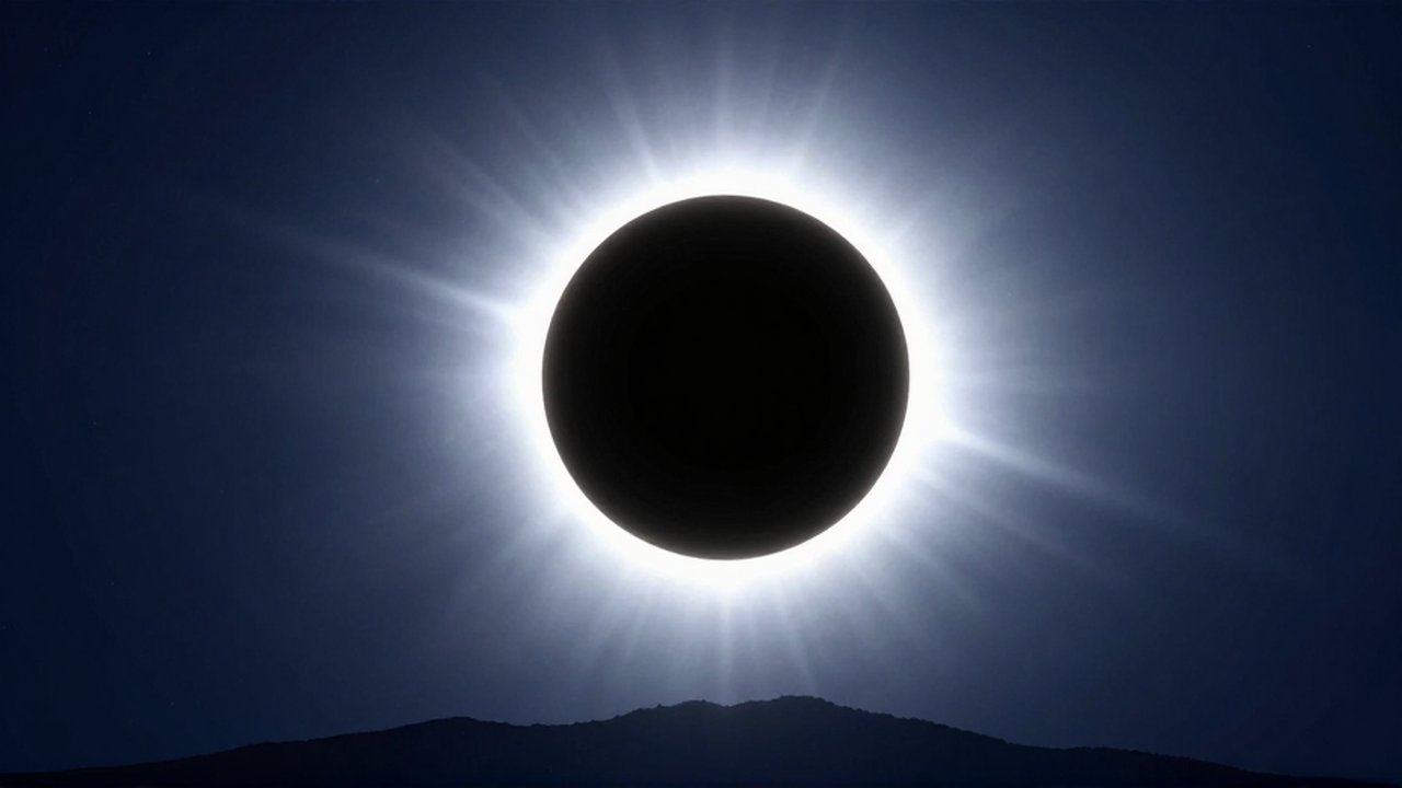 Eclipse solar total con la corona brillante sobre un disco lunar oscuro frente a montañas silueteadas.