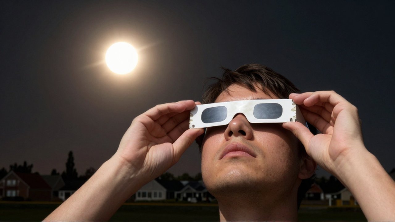 Primer plano de una persona observando un eclipse solar total con gafas especiales protectoras.