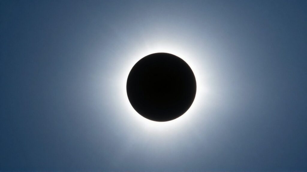 Eclipse solar total con la silueta de la luna cubriendo el sol y una brillante corona blanca.