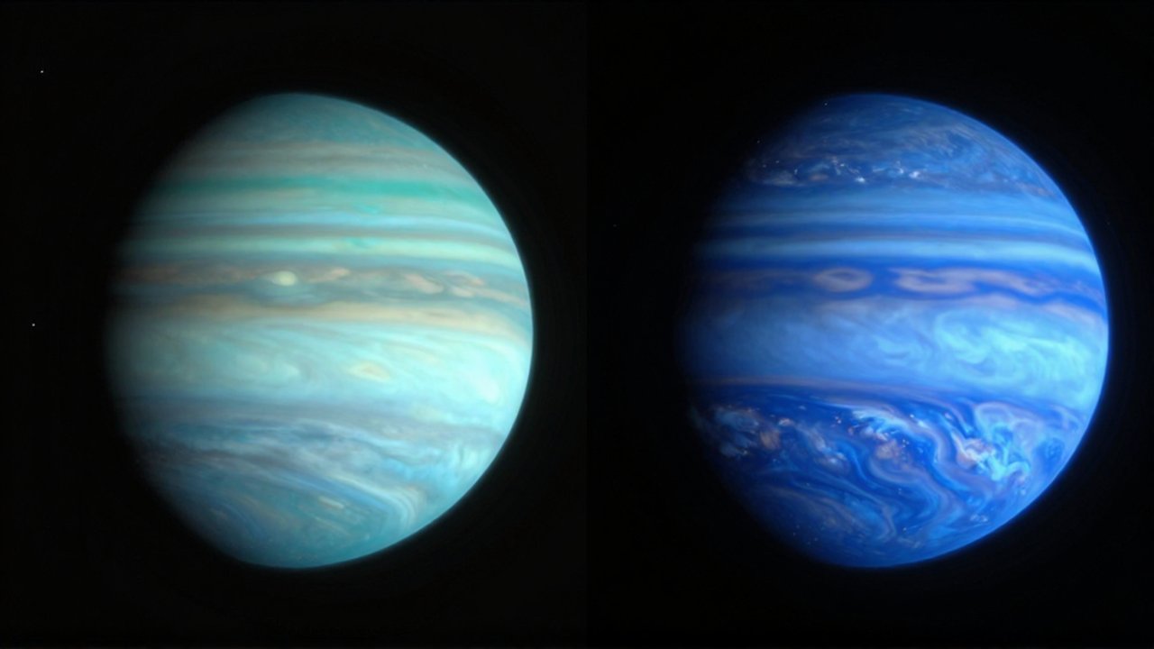 Comparación de Urano con su tono cian suave y Neptuno con su azul intenso y nubes blancas.