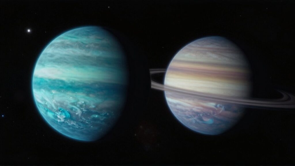 Los planetas Urano y Neptuno flotan en el espacio profundo rodeados de nebulosas tenues.