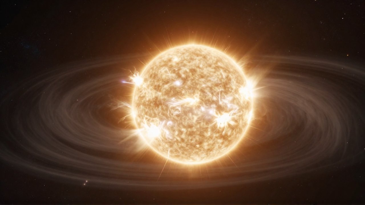 Sol gigante con intensas llamaradas solares y destellos de luz en el espacio profundo.
