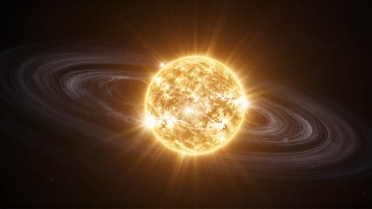 Sol radiante con llamaradas doradas y partículas de polvo cósmico en la inmensidad del espacio.