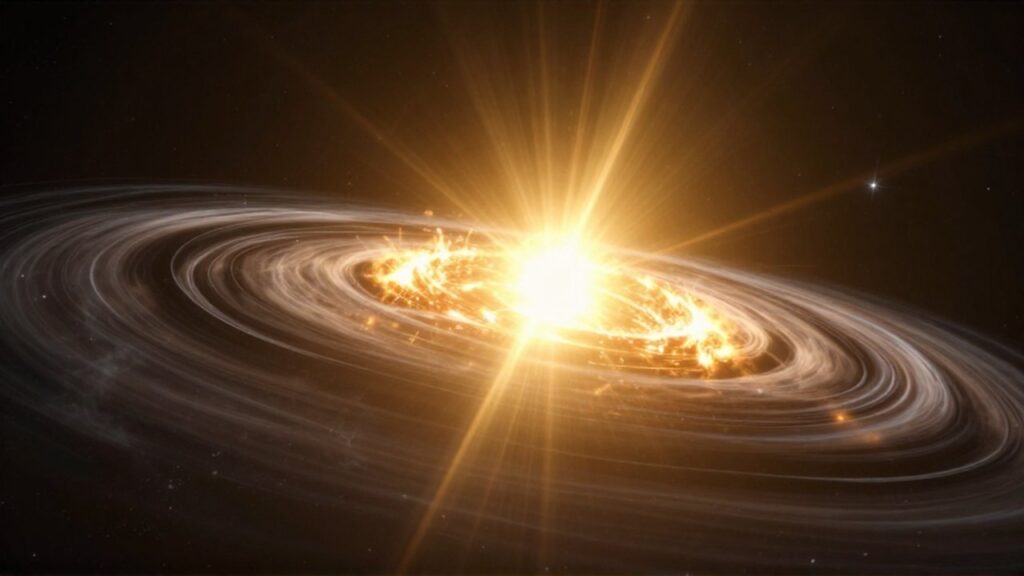 Un sol brillante emite intensos rayos dorados mientras la luz se curva ante la materia oscura.