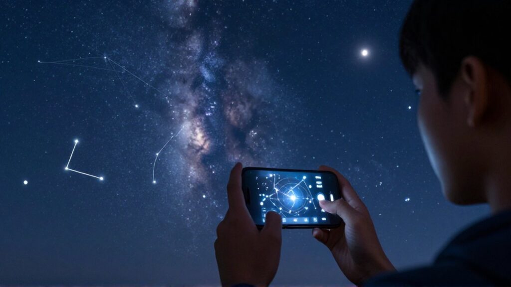 Persona sosteniendo un smartphone hacia el cielo nocturno con una capa de realidad aumentada de constelaciones.