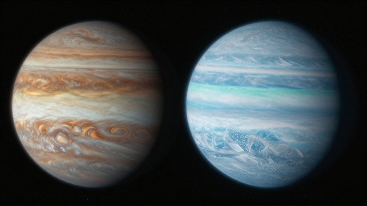 Un gigante gaseoso de tonos ocres junto a un planeta helado azul sobre un fondo estrellado.