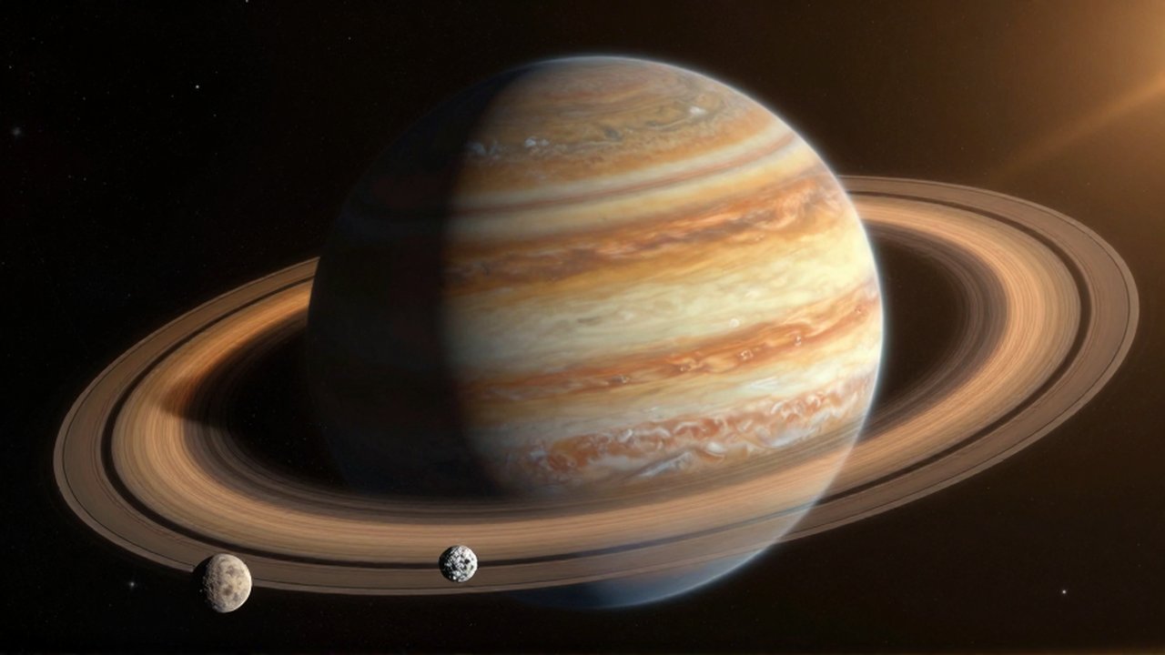 Gigantesco planeta gaseoso con anillos brillantes y una pequeña luna sobre el fondo del espacio.