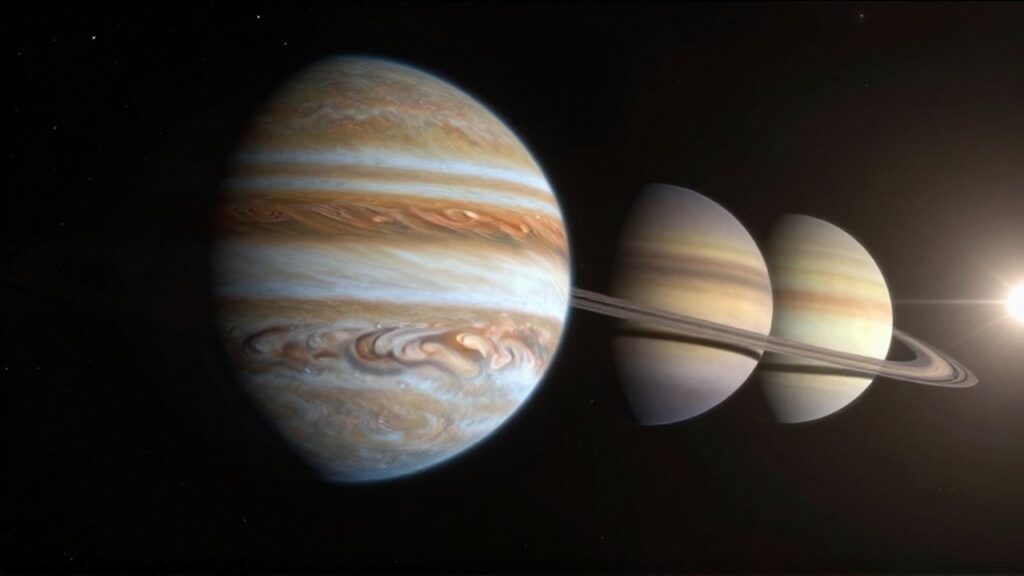 Júpiter con sus tormentas gaseosas y Saturno con sus anillos alineados en el espacio profundo.