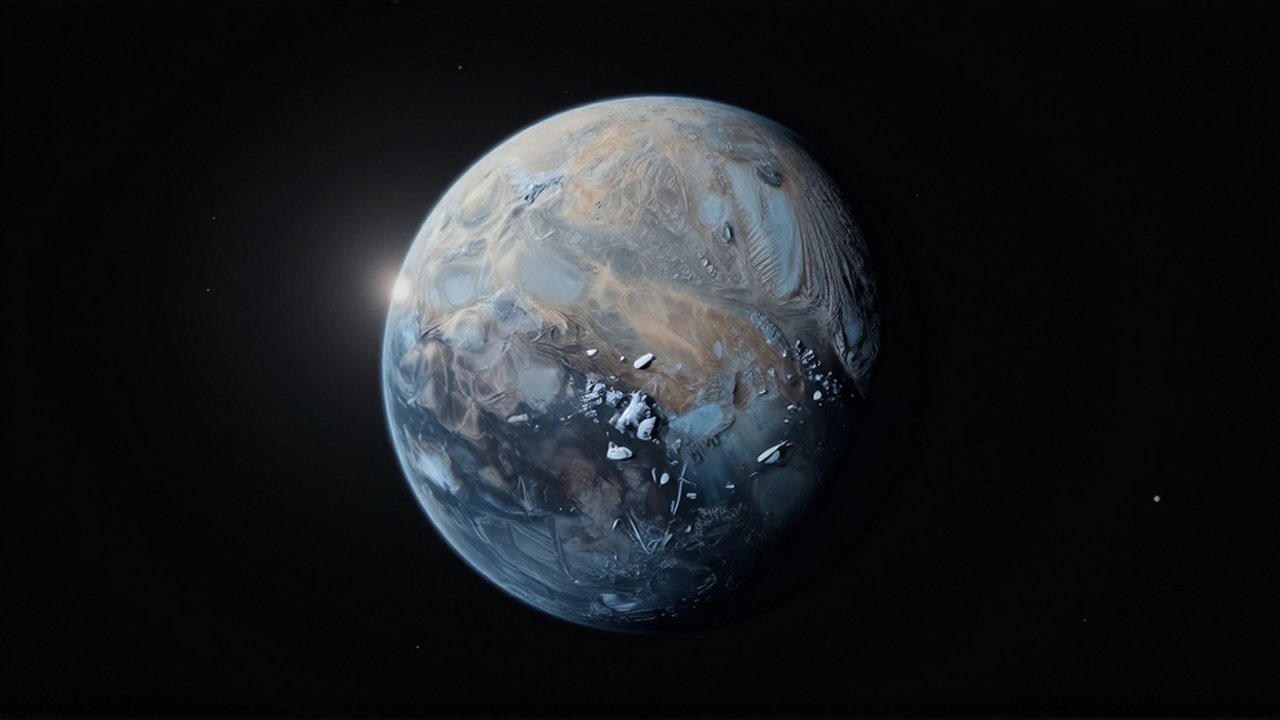 El planeta enano Plutón flota en la oscuridad del espacio con su superficie helada y texturizada.