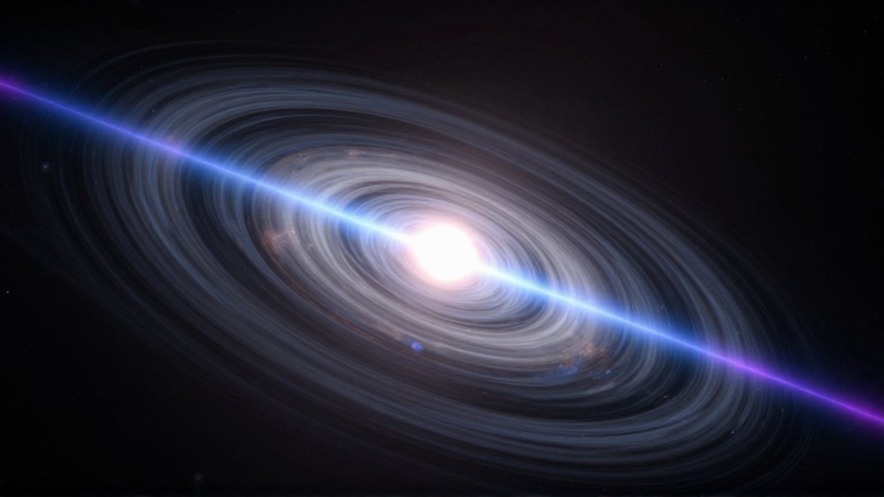 Púlsar girando en el espacio profundo con intensos haces de luz azul y violeta.