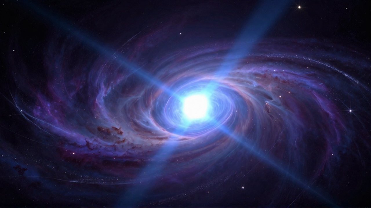 Púlsar giratorio emitiendo intensos haces de luz azul y blanca en medio de una nebulosa violeta.