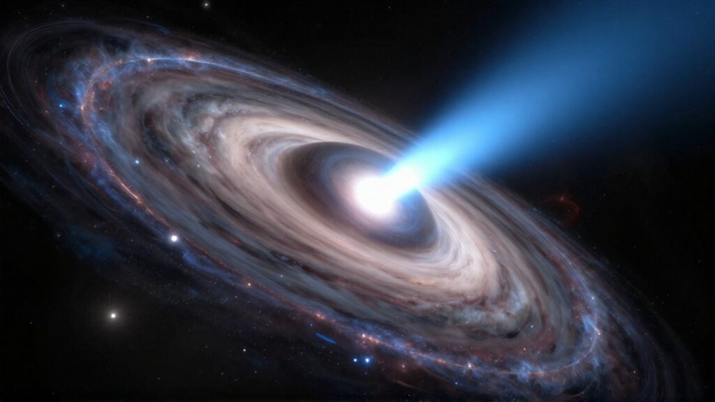 Púlsar de neutrones girando en el espacio profundo con intensos haces de luz azul y un disco de acreción brillante.