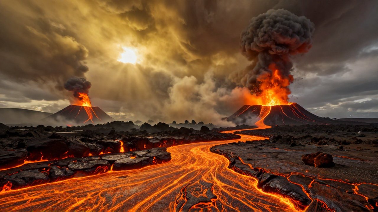 Paisaje volcánico de Venus con lavas ardientes y erupciones bajo un cielo naranja denso.