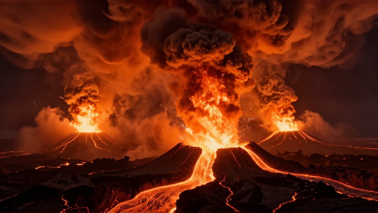 Superficie de Venus con volcanes en erupción, ríos de lava y nubes de azufre bajo un cielo naranja.