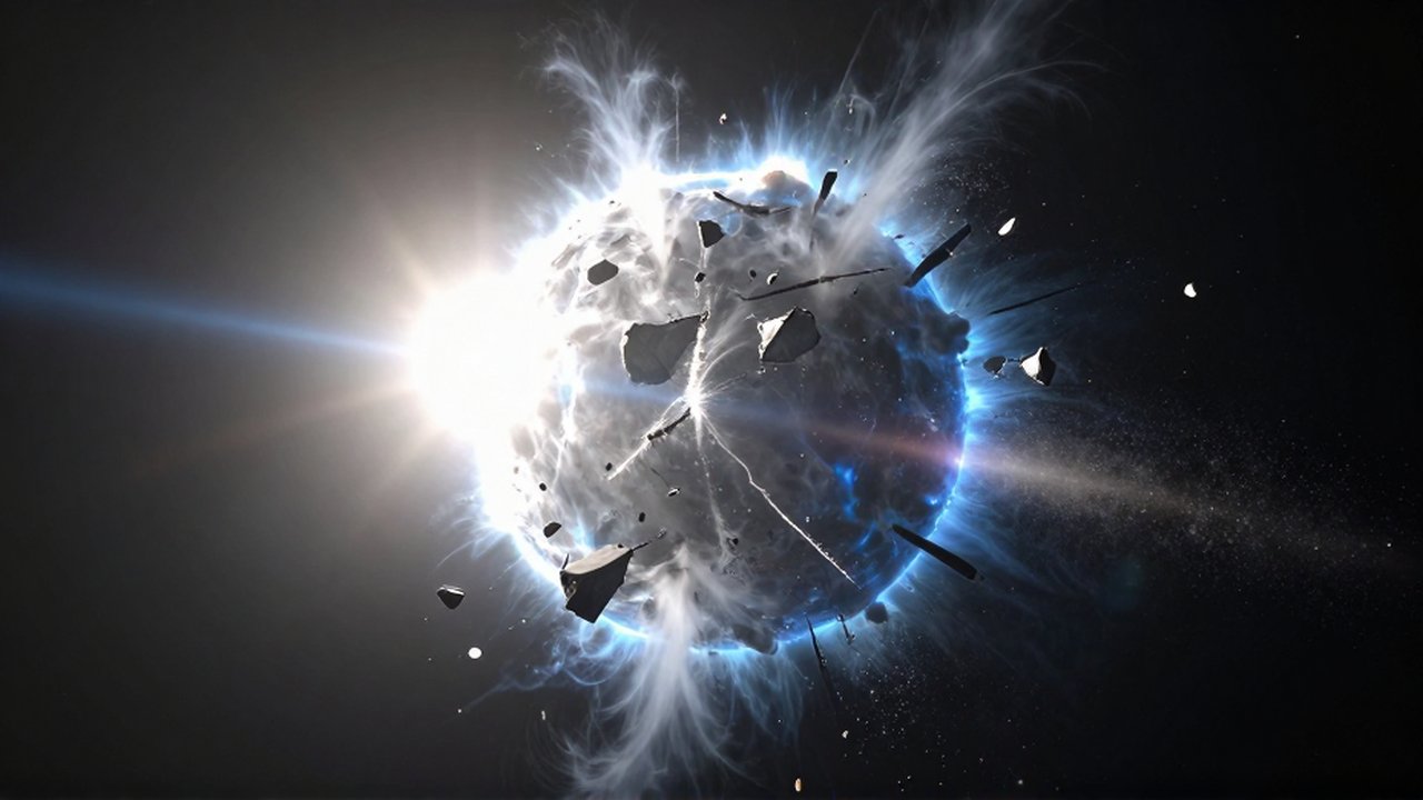 Un enorme cometa fragmentándose en múltiples trozos brillantes mientras se acerca a un sol radiante.