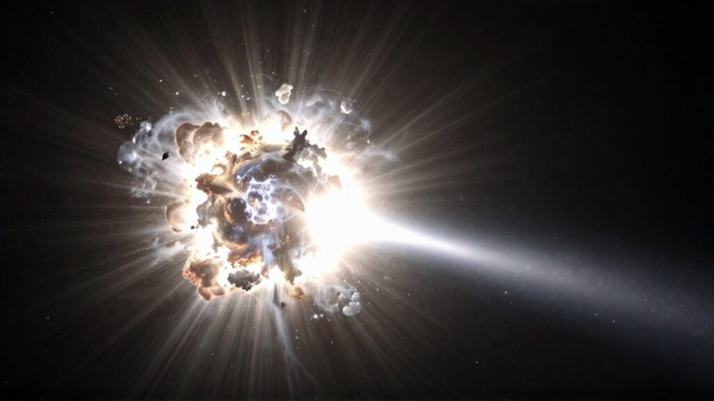 Cometa brillante con núcleo de hielo fragmentándose y una larga estela de gas en el espacio.
