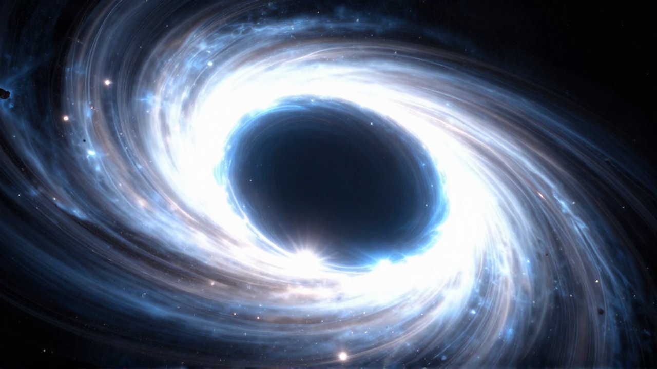 Disco de acreción de un agujero negro con plasma giratorio en tonos blancos y azules brillantes.