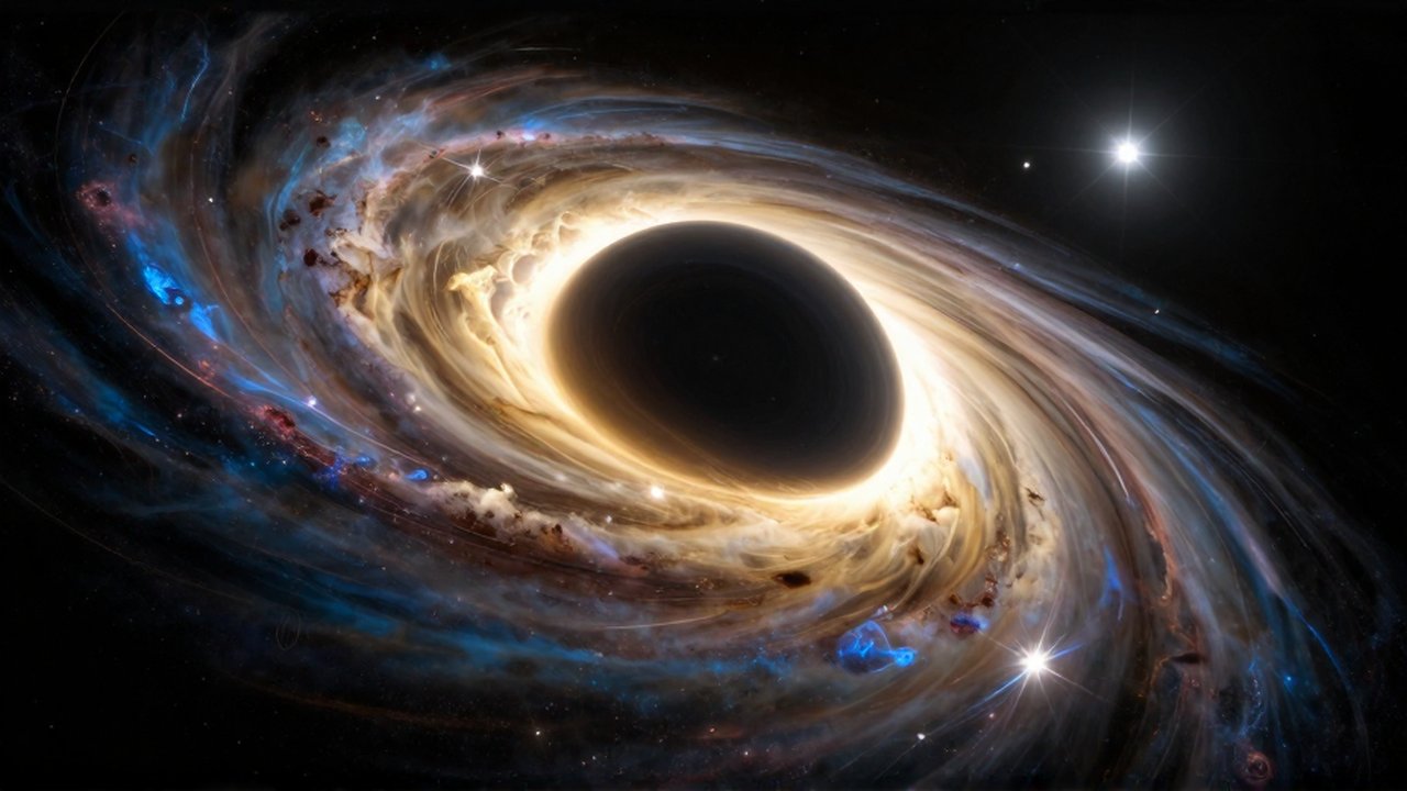 Agujero negro supermasivo rodeado por un disco de acreción brillante de plasma dorado y azul.