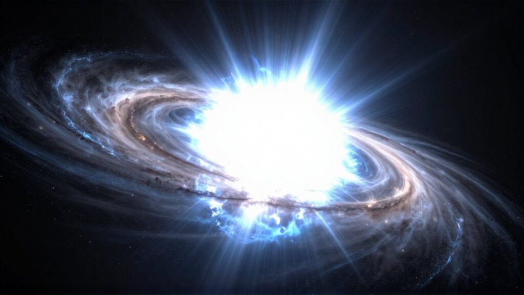 Agujero negro supermasivo rodeado por un disco de gas brillante y destellos de energía azul.