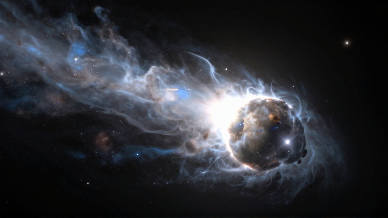 Cometa brillante con una extensa cola de gas azul y blanco cruzando el espacio profundo.