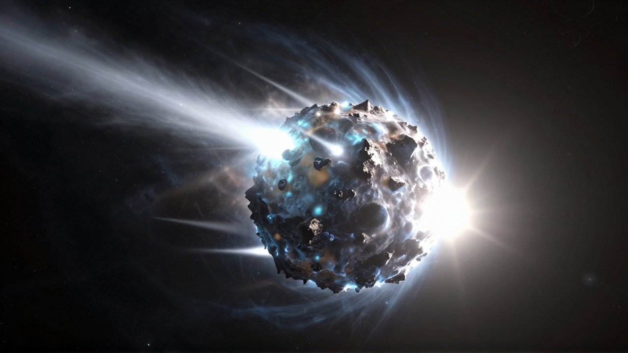 Cometa majestuoso con núcleo rocoso y una brillante estela de gas y polvo atravesando el espacio profundo.
