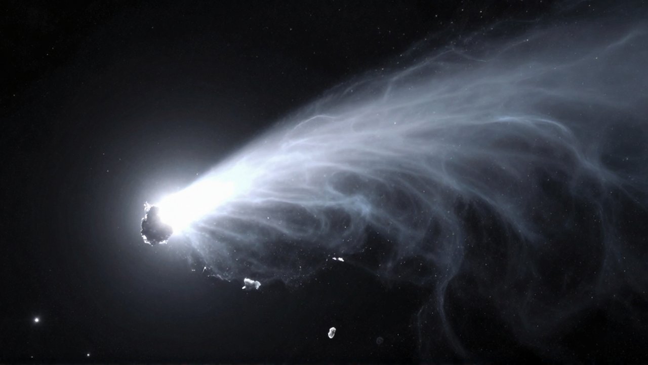 Cometa brillante con una larga estela luminosa cruzando un fondo de estrellas en el espacio profundo.