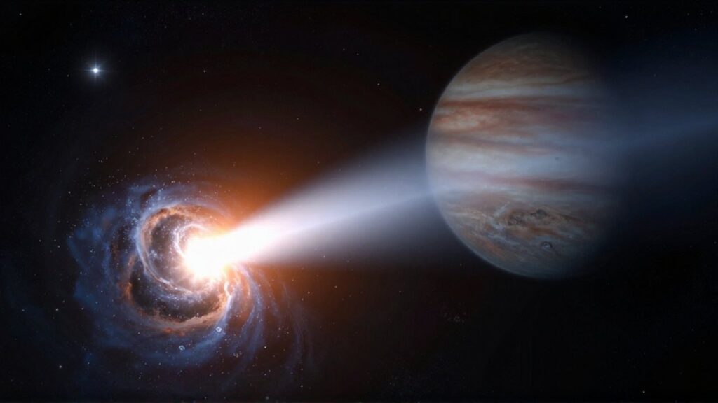 Cometa brillante con estela luminosa aproximándose a un enorme planeta gaseoso en el espacio profundo.