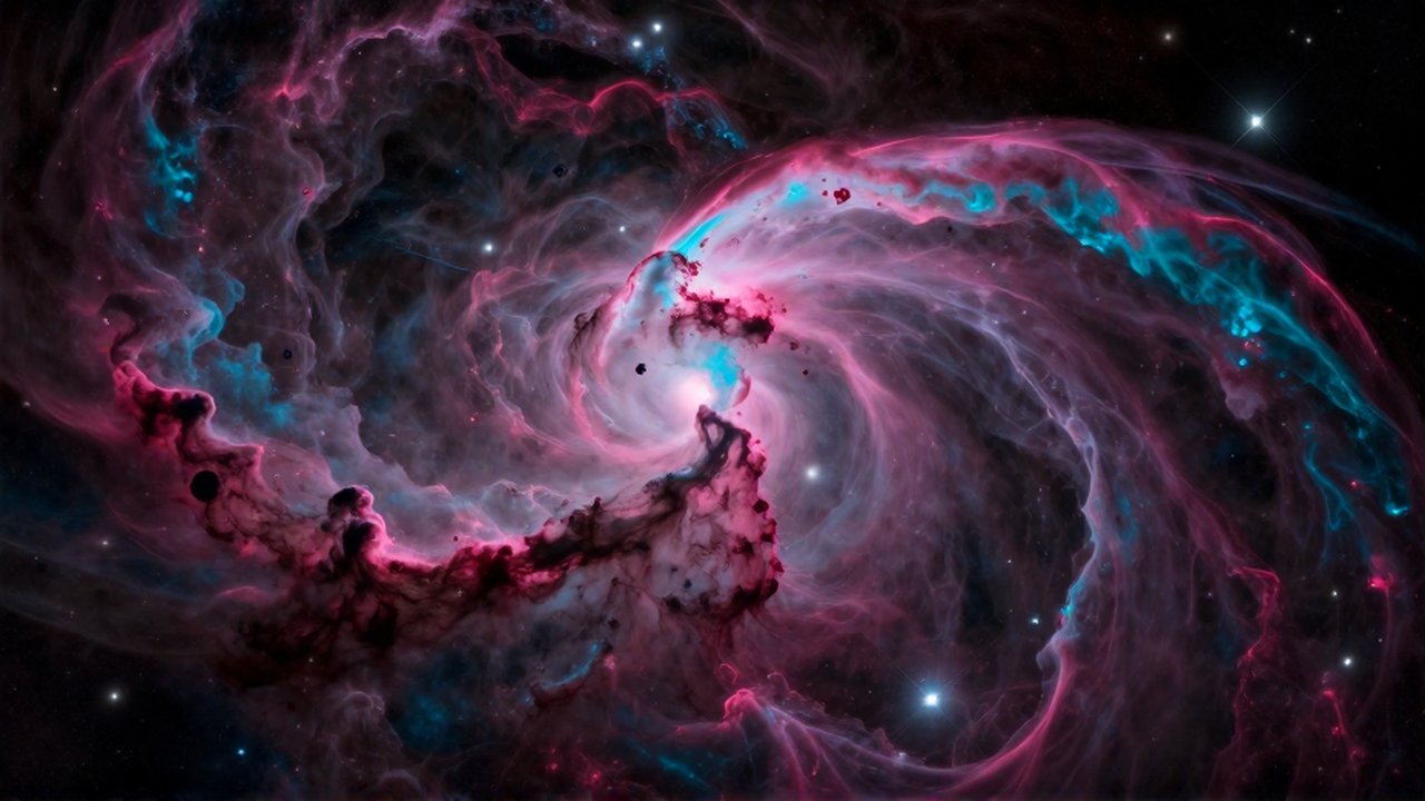 Nebulosa interestelar con nubes de gas en tonos magenta y cian iluminadas por estrellas distantes.