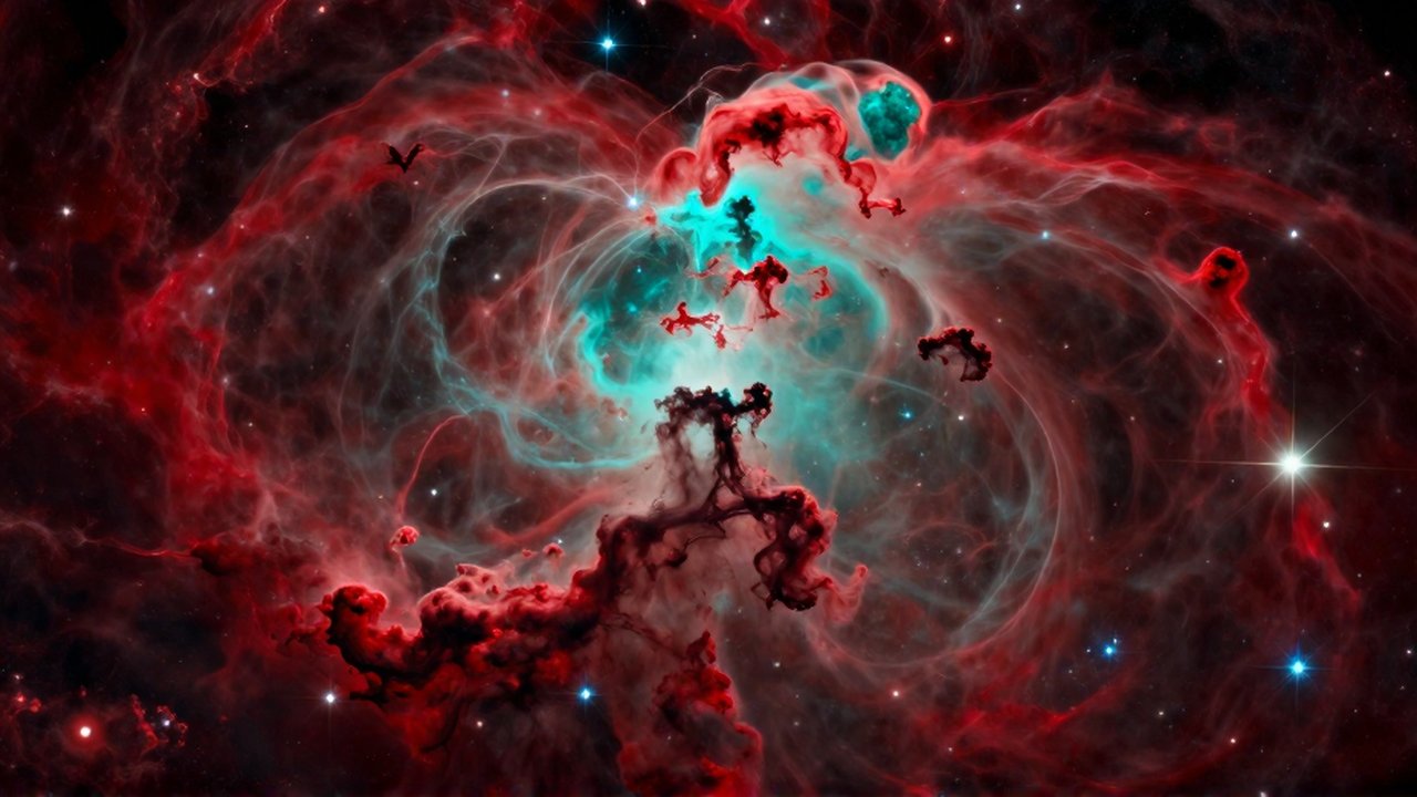 Vasta nebulosa de gas brillante en tonos carmesí y turquesa con estrellas recién nacidas.