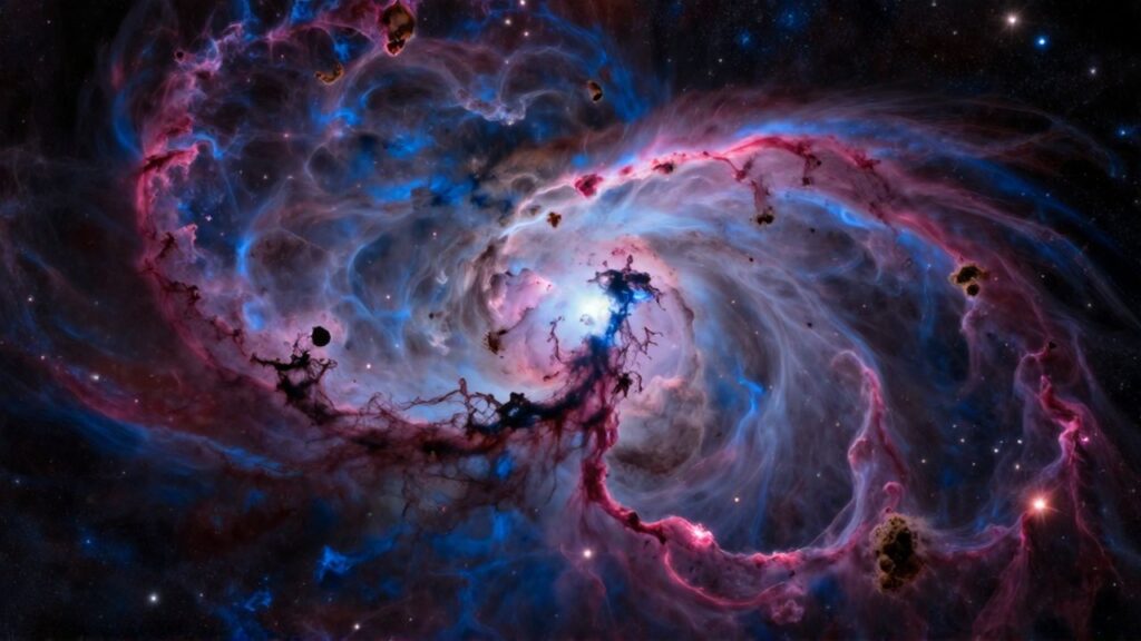 Vasta nebulosa interestelar con nubes de gas azul y magenta iluminadas por estrellas nacientes.
