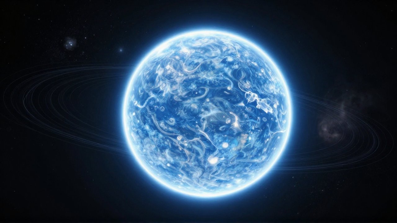 Planeta azul orbitando un sol brillante rodeado de nebulosas y estelas de luz en el espacio profundo.