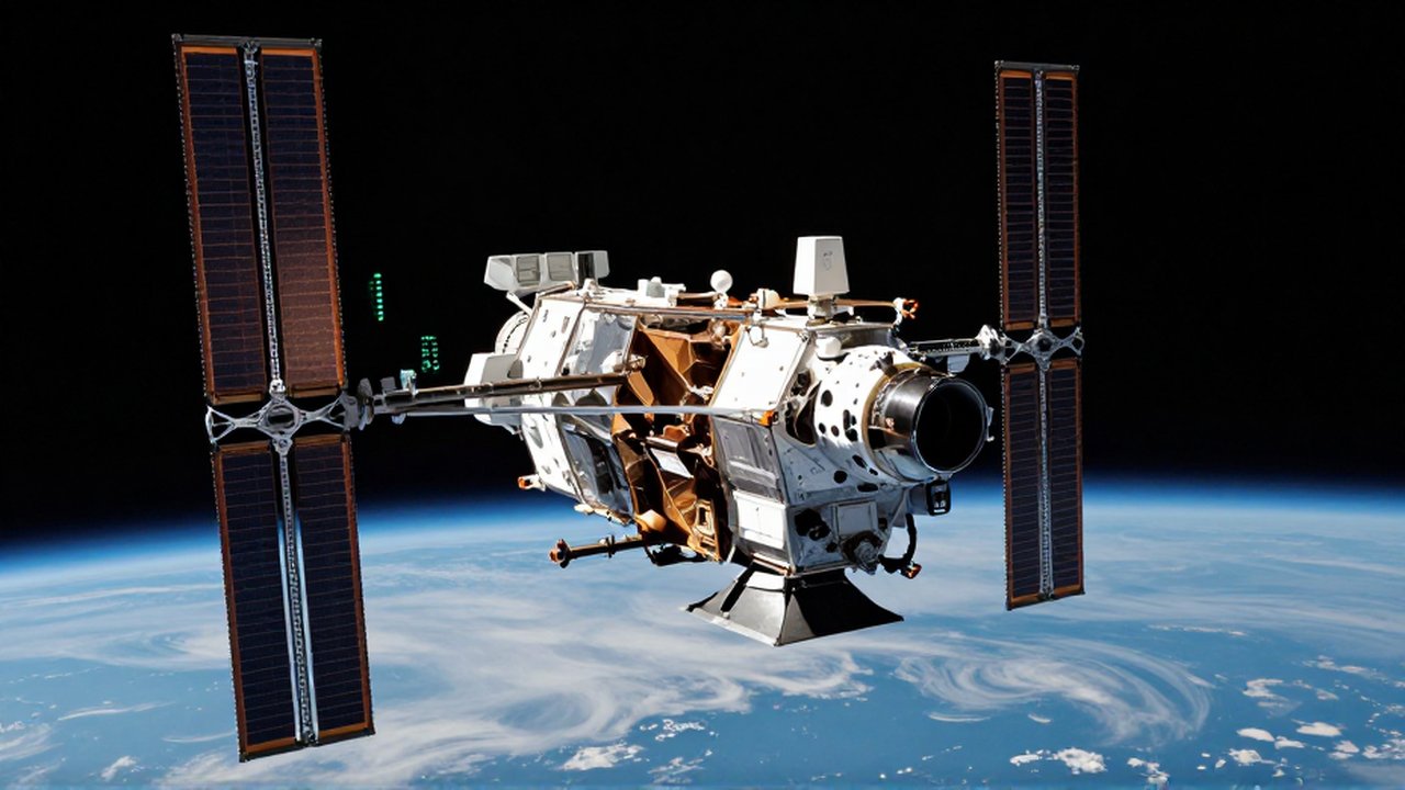 Satélite de observación tecnológica orbitando sobre la curvatura de la Tierra con nubes y atmósfera azul.