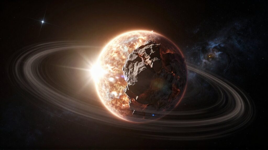 Pequeño planeta rocoso orbitando una estrella gigante con intensas llamaradas solares y nebulosas de fondo.