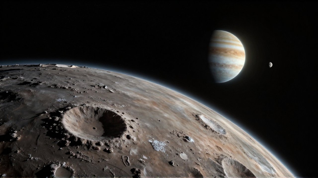 Primer plano de un planeta enano con cráteres frente a un gigante gaseoso en el espacio.