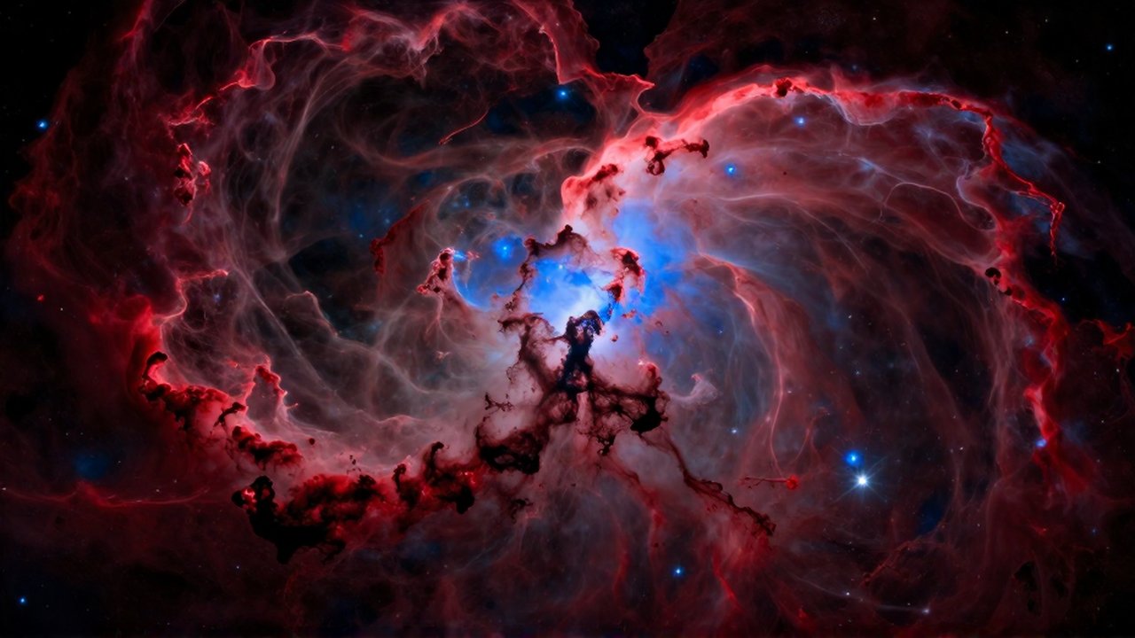 Vasta nebulosa interestelar con nubes de gas en tonos carmesí y azul rodeadas de estrellas brillantes.