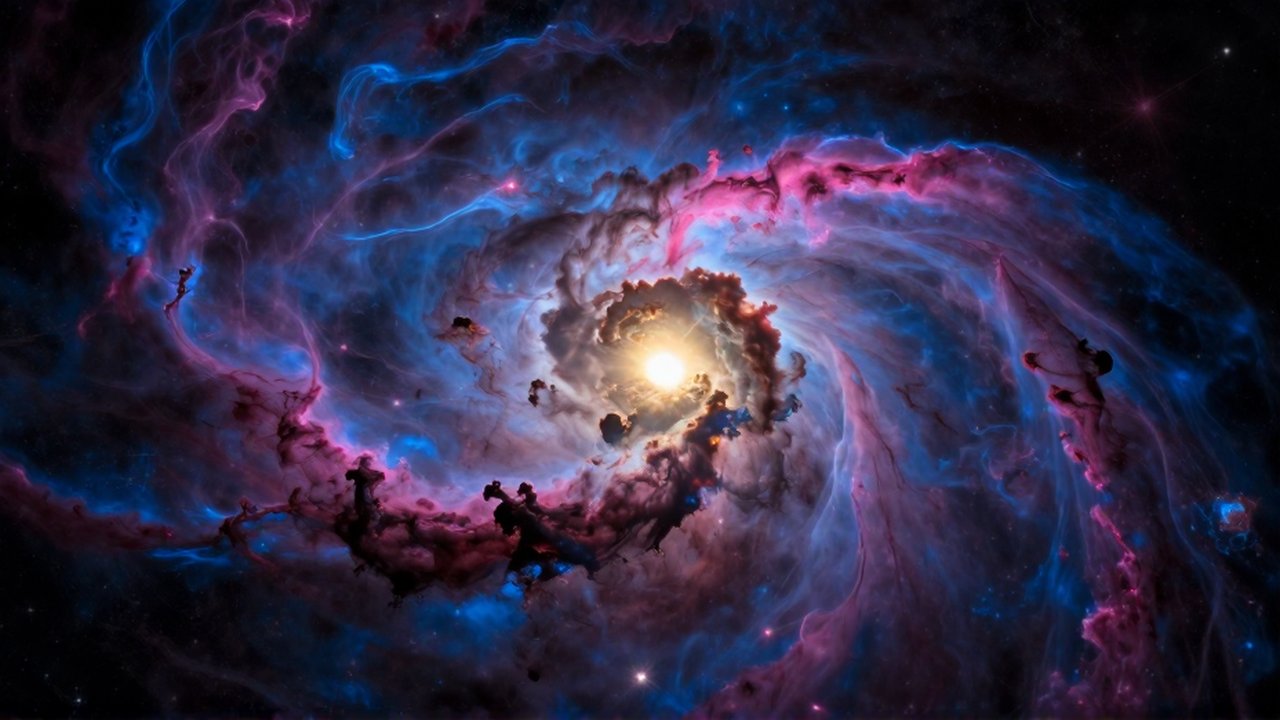 Nube molecular interestelar con destellos de luz magenta y azul rodeando una estrella en formación.