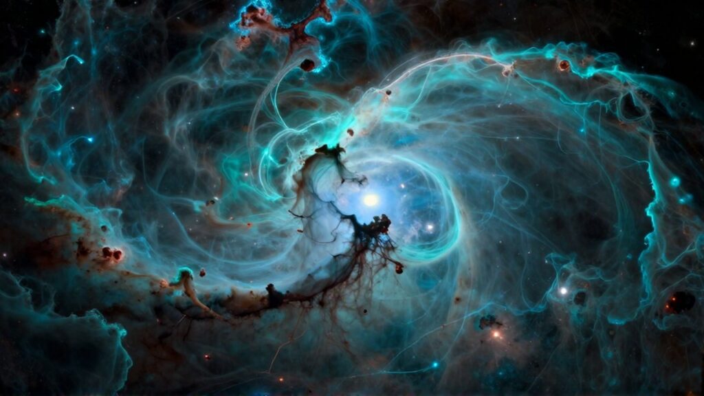 Vasta nebulosa interestelar con nubes de gas brillante en tonos cian y estrellas distantes.