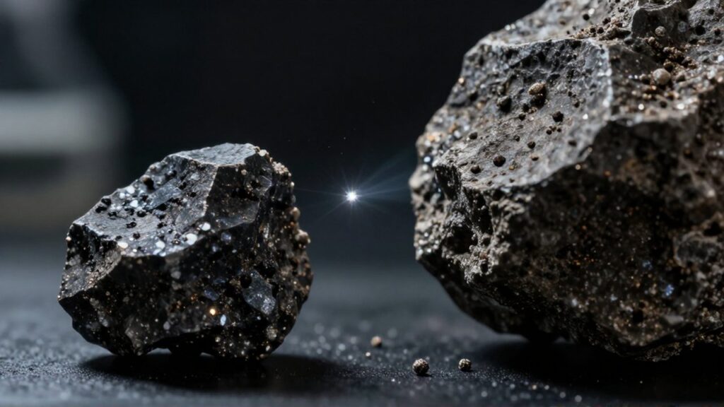 Comparación de un fragmento de meteorito oscuro con una mota de polvo cósmico brillante bajo una luz intensa.