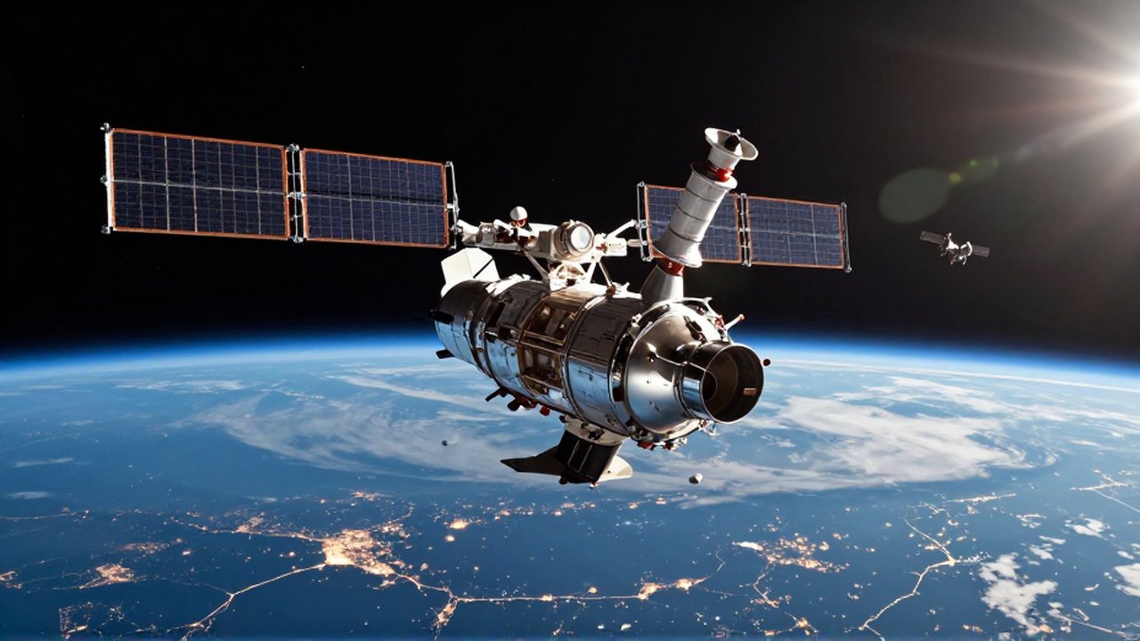 Satélite de telecomunicaciones en órbita terrestre con el planeta iluminado y ciudades brillantes al fondo.