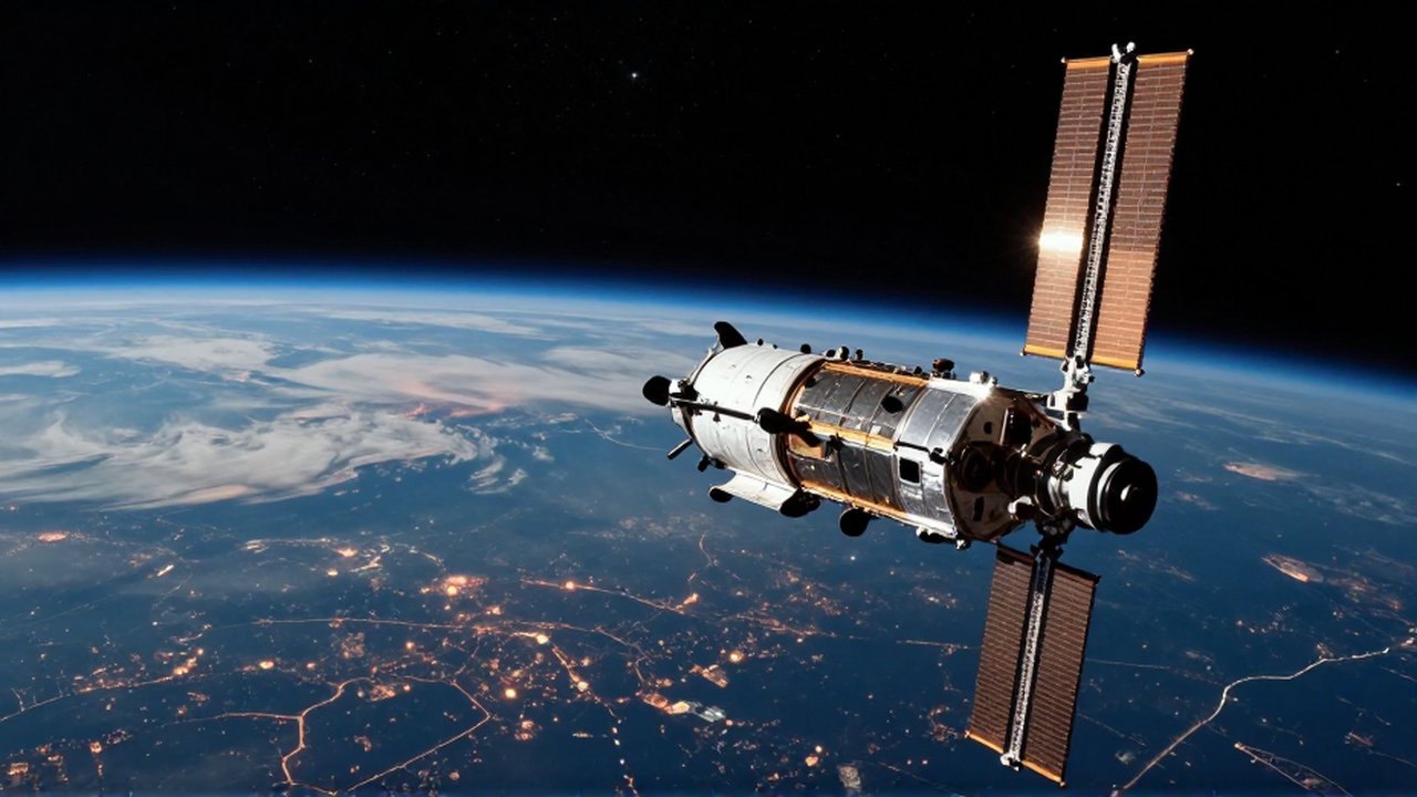 Satélite de alta tecnología orbitando la Tierra con paneles solares reflejando la luz del sol.