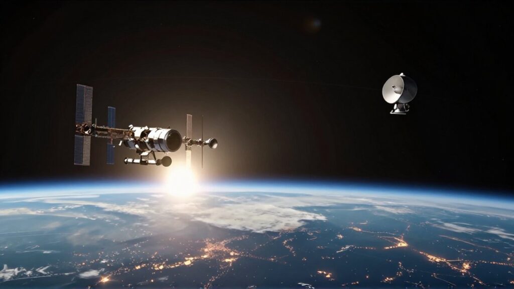 Vista lateral del planeta Tierra rodeado de pequeños satélites en órbita baja y un satélite de comunicaciones distante.