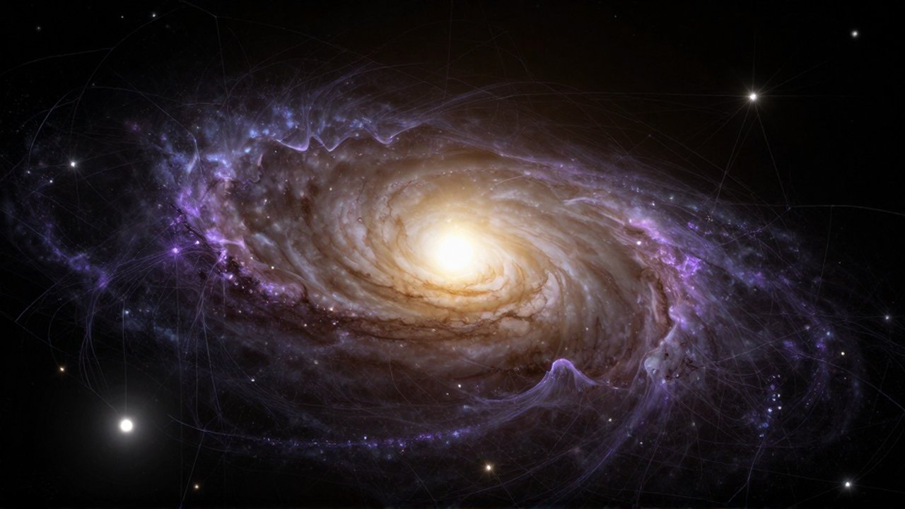 Una galaxia espiral iluminada por luz dorada entrelazada con una red etérea de materia oscura violeta.
