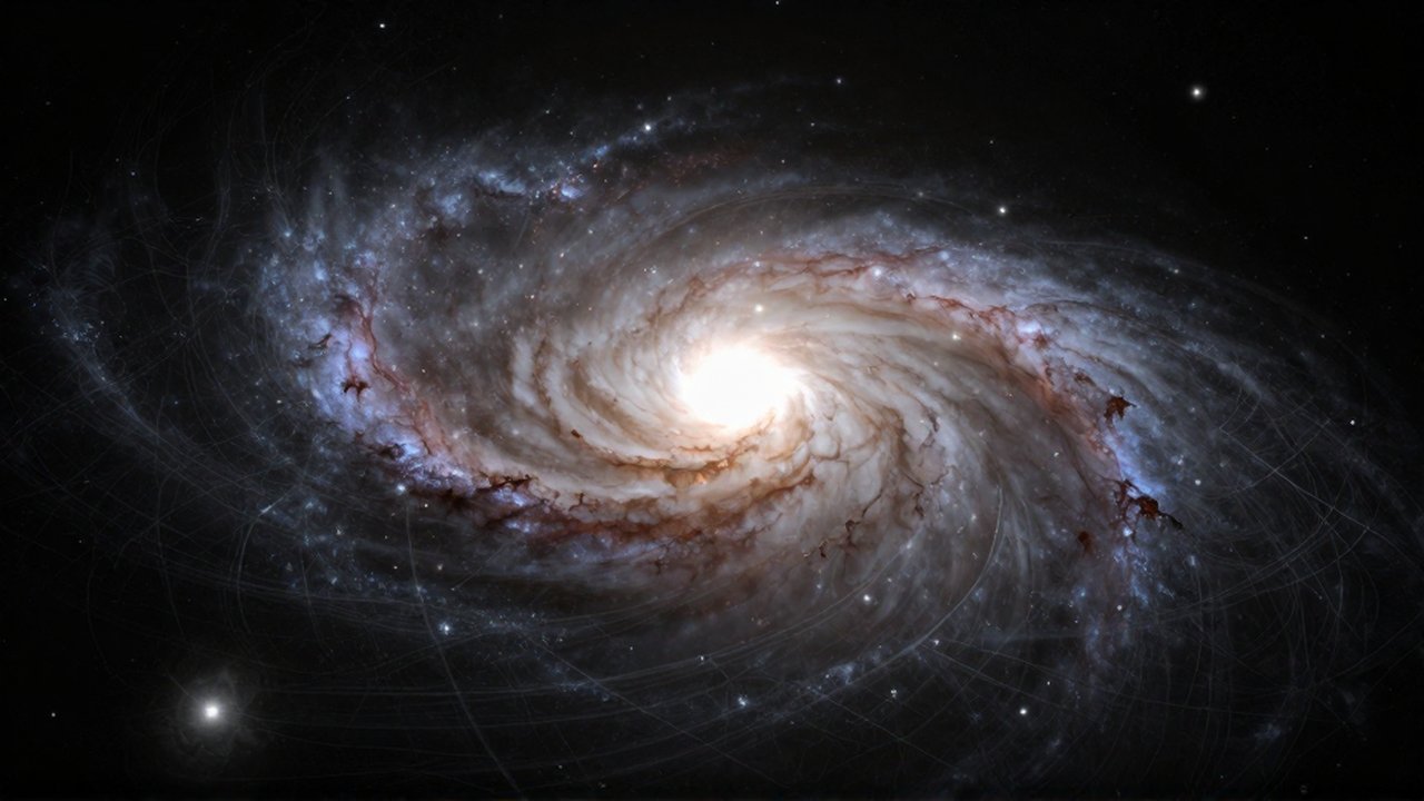 Gran galaxia espiral brillante rodeada de nubes de gas y sutiles ondas en el vacío cósmico.