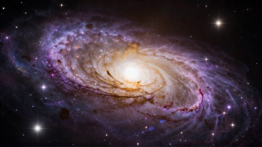 Gran galaxia espiral con nebulosas vibrantes y filamentos oscuros entre cúmulos de estrellas brillantes.